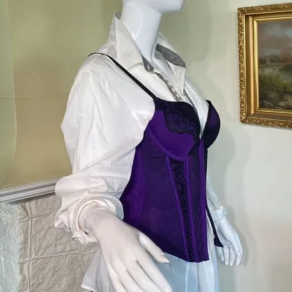 La SENZA Bustier Purple Black Lace Open Cross Back Medium - Picture 10 of 16
